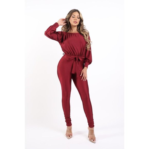Women's Off Shoulder Shiny Yoga Jumpsuit Tie Waist Comfy Cute Black Burgundy - Picture 2 of 9